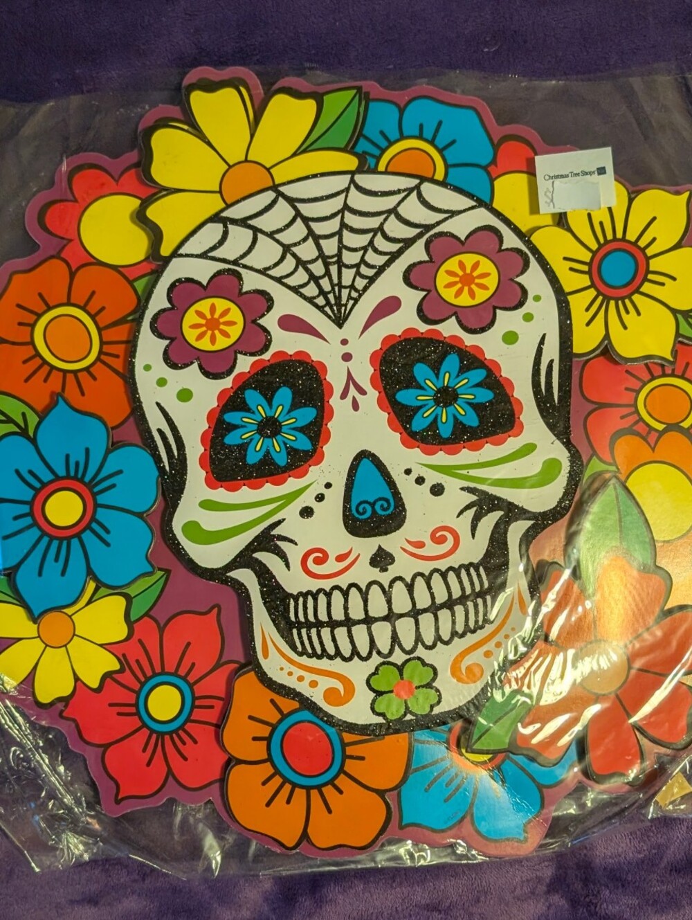 NWT Day of the Dead Sugar Skull Wall Hanging Halloween Glitter Sign